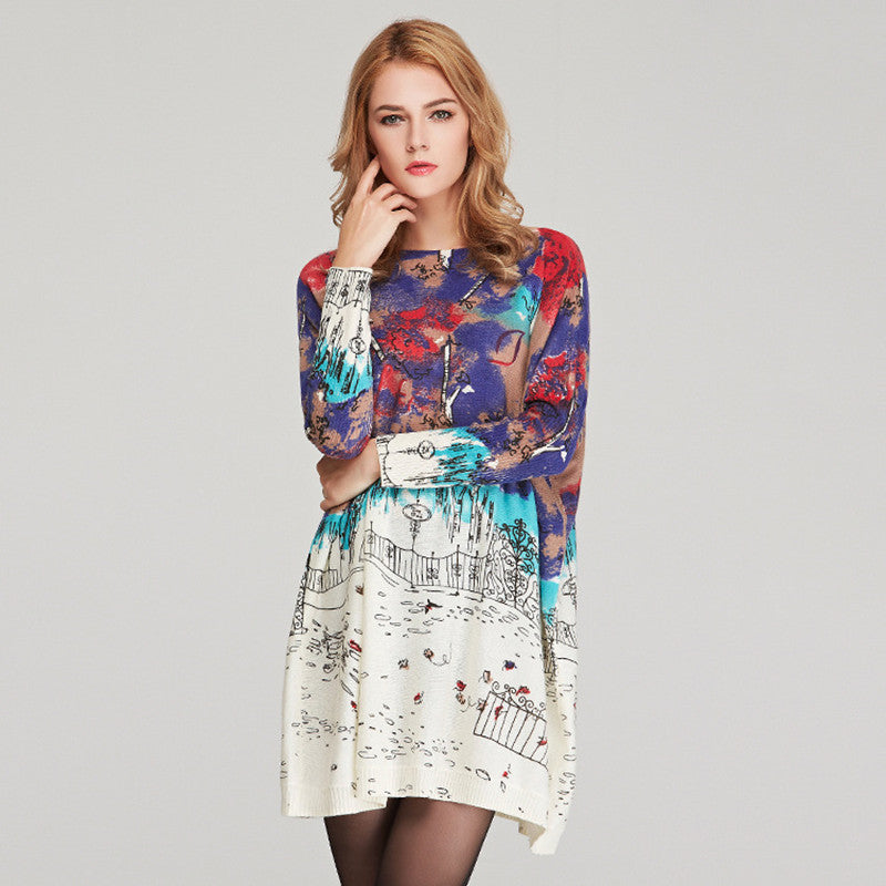 Large Size Women's Knit Sweater Women Loose Print