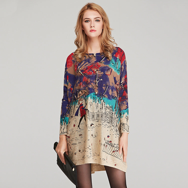 Large Size Women's Knit Sweater Women Loose Print