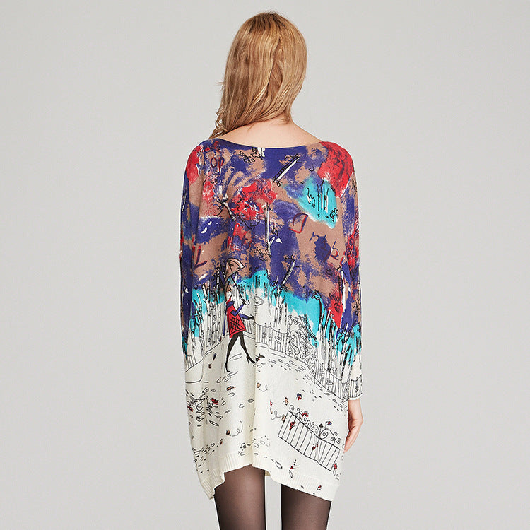 Large Size Women's Knit Sweater Women Loose Print