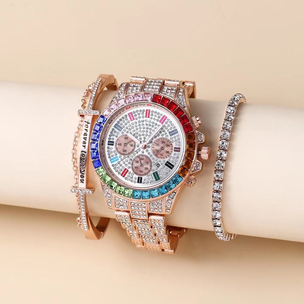 Fake Three-Eye Diamond Colorful Crystals Steel Belt Bracelet Bracelet Three-piece Set
